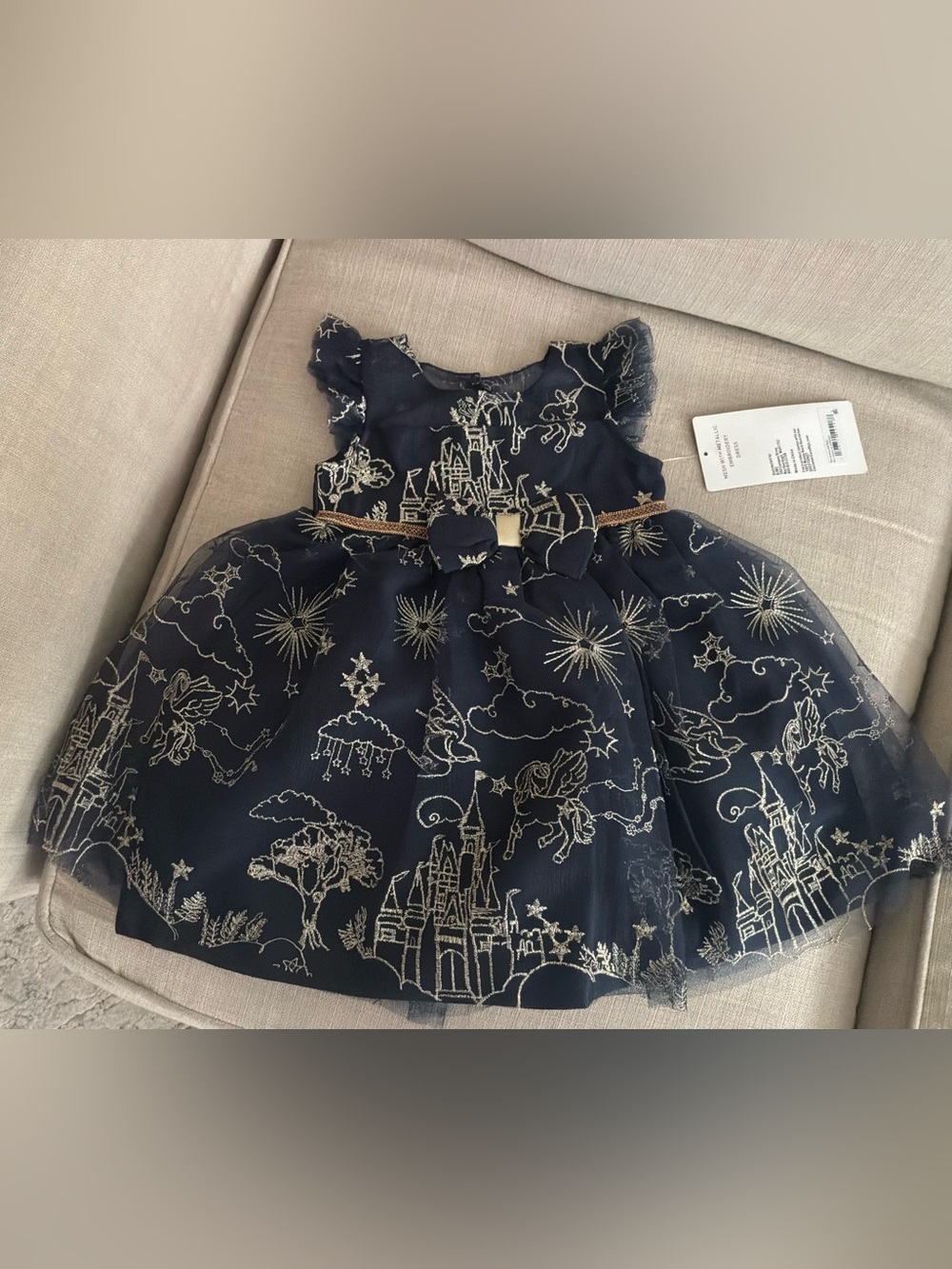Girls Navy Dress with Gold Castle Embroidery and Bow